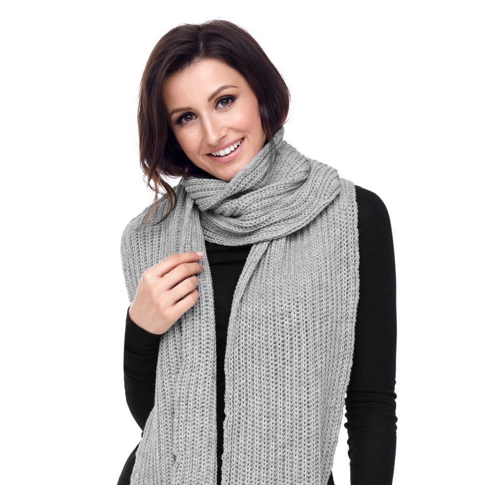 New Gray Pom Pom Ribbed Knit Scarf - Picture 2 of 6